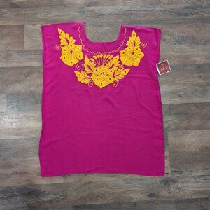 Handmade Fuchsia Pink Blouse from Oaxaca, Mexico – Yellow Embroidered Flowers